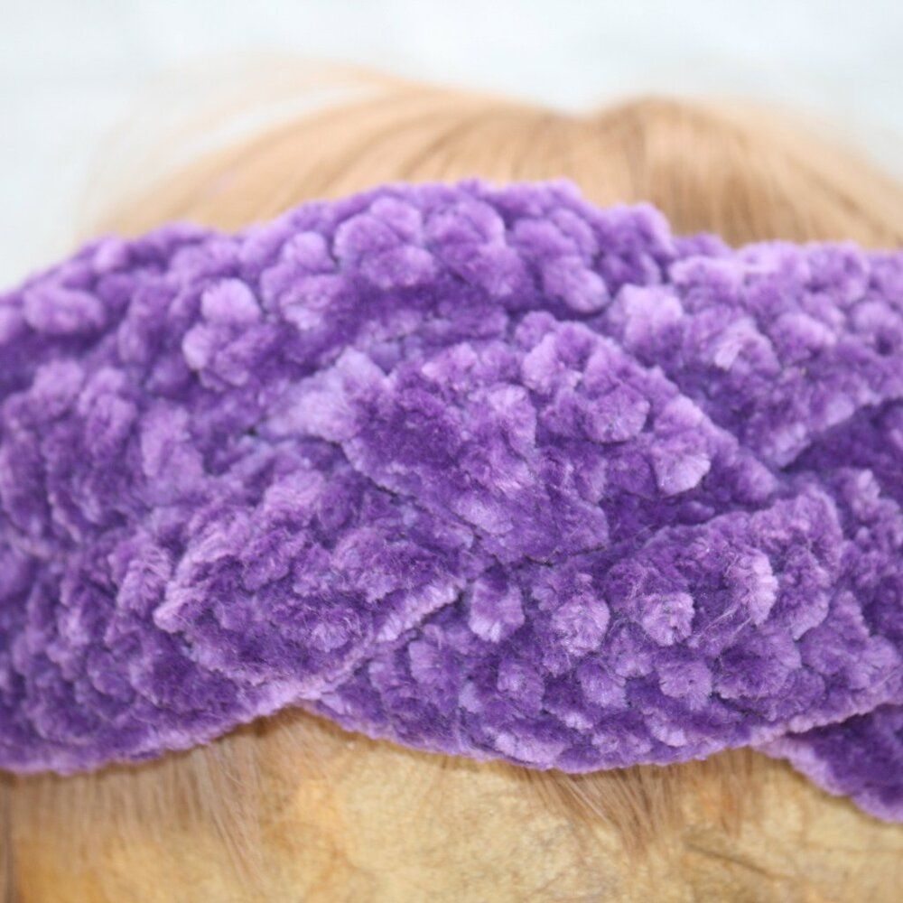 HAND CRAFTED Crochet Braided Earwarmer Head Band Wide Chenille Velvet Purple - Picture 3 of 16